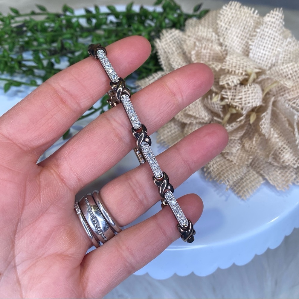 Sterling Silver 925 & Cubic Zirconia Link Tennis X Bracelet With Safety Clasp